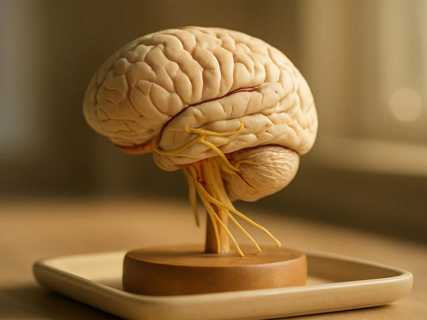 A realistic brain model sits on a small stand inside a shallow tray on a table