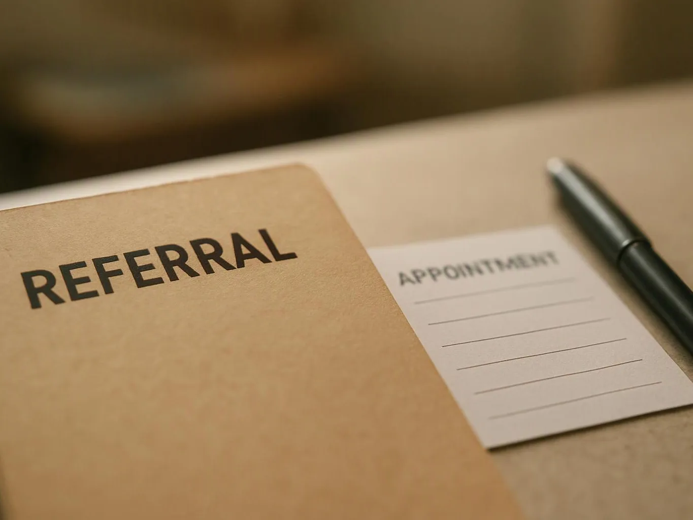 A referral folder, appointment note, and pen sit on a desk in warm light