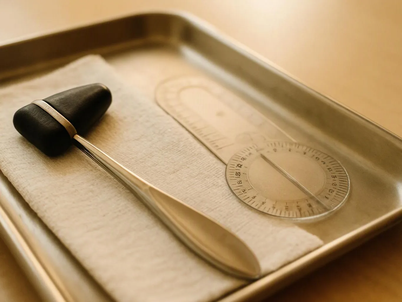 A reflex hammer and a clear circular protractor rest on a tray lined with paper towel