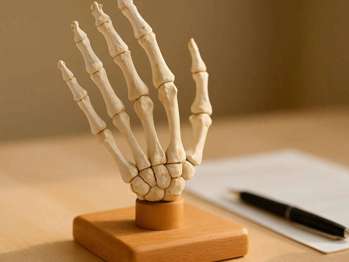 A skeletal hand model stands on a wooden base beside a pen and paper on a desk