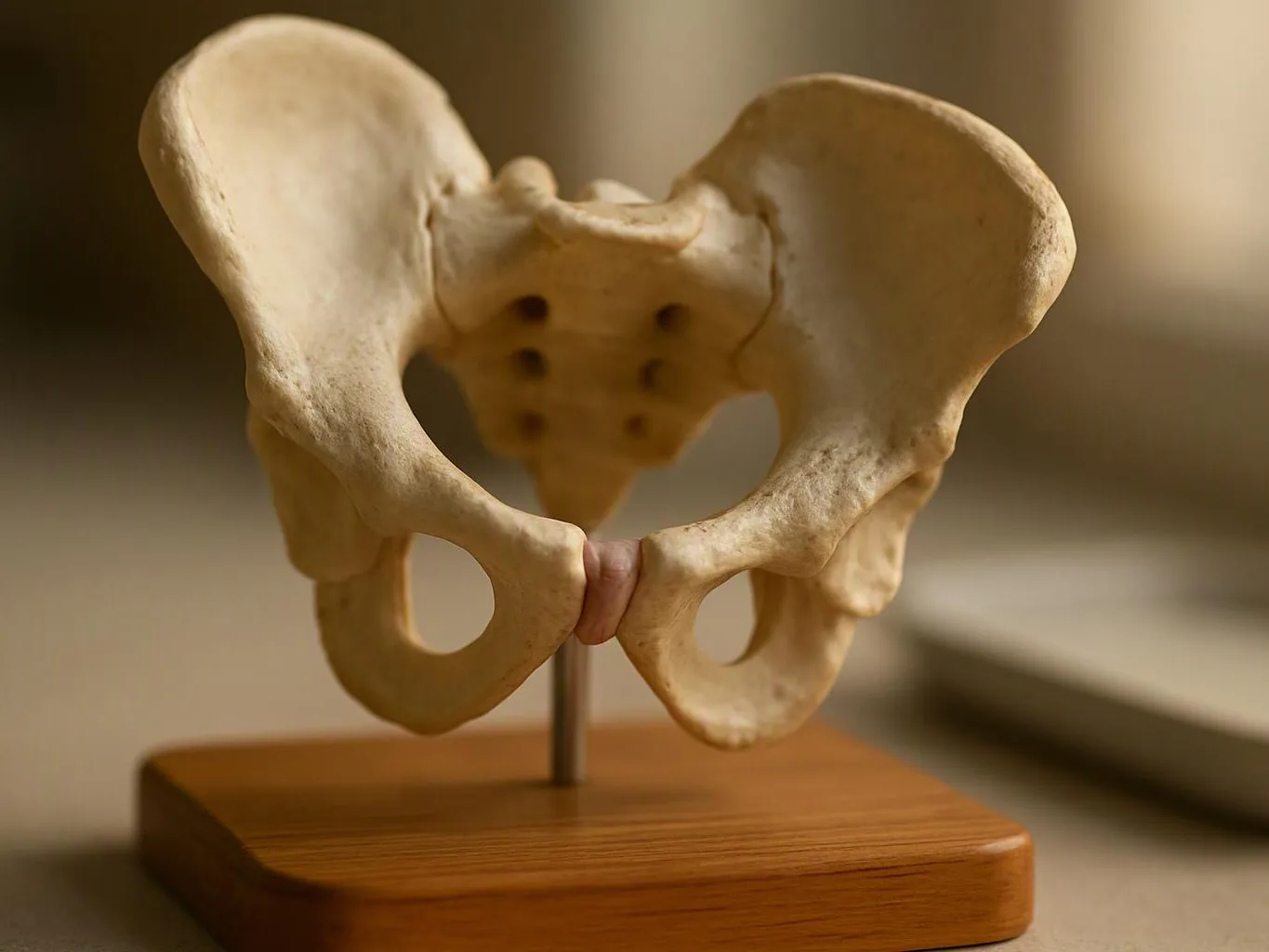 A small anatomical pelvis model sits on a wooden stand against a soft blurred background