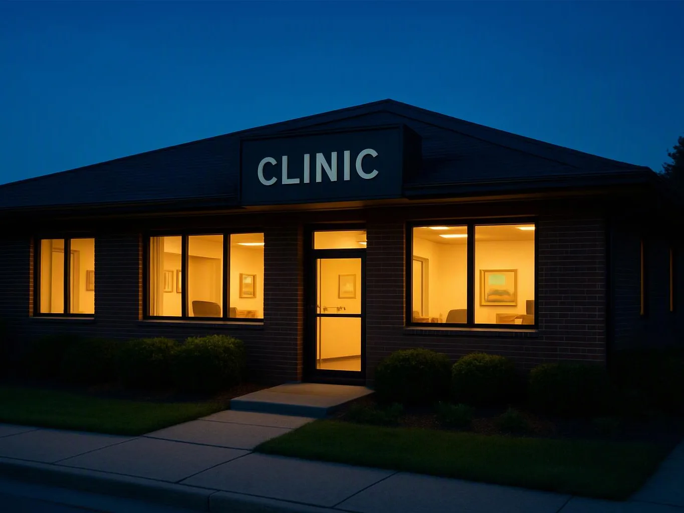 A small brick clinic building glows warmly at dusk, with a lit entrance and windows showing empty rooms