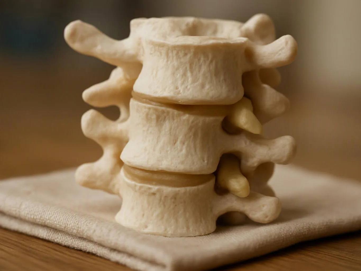 A small model of stacked vertebrae sits on a folded cloth on a wooden surface