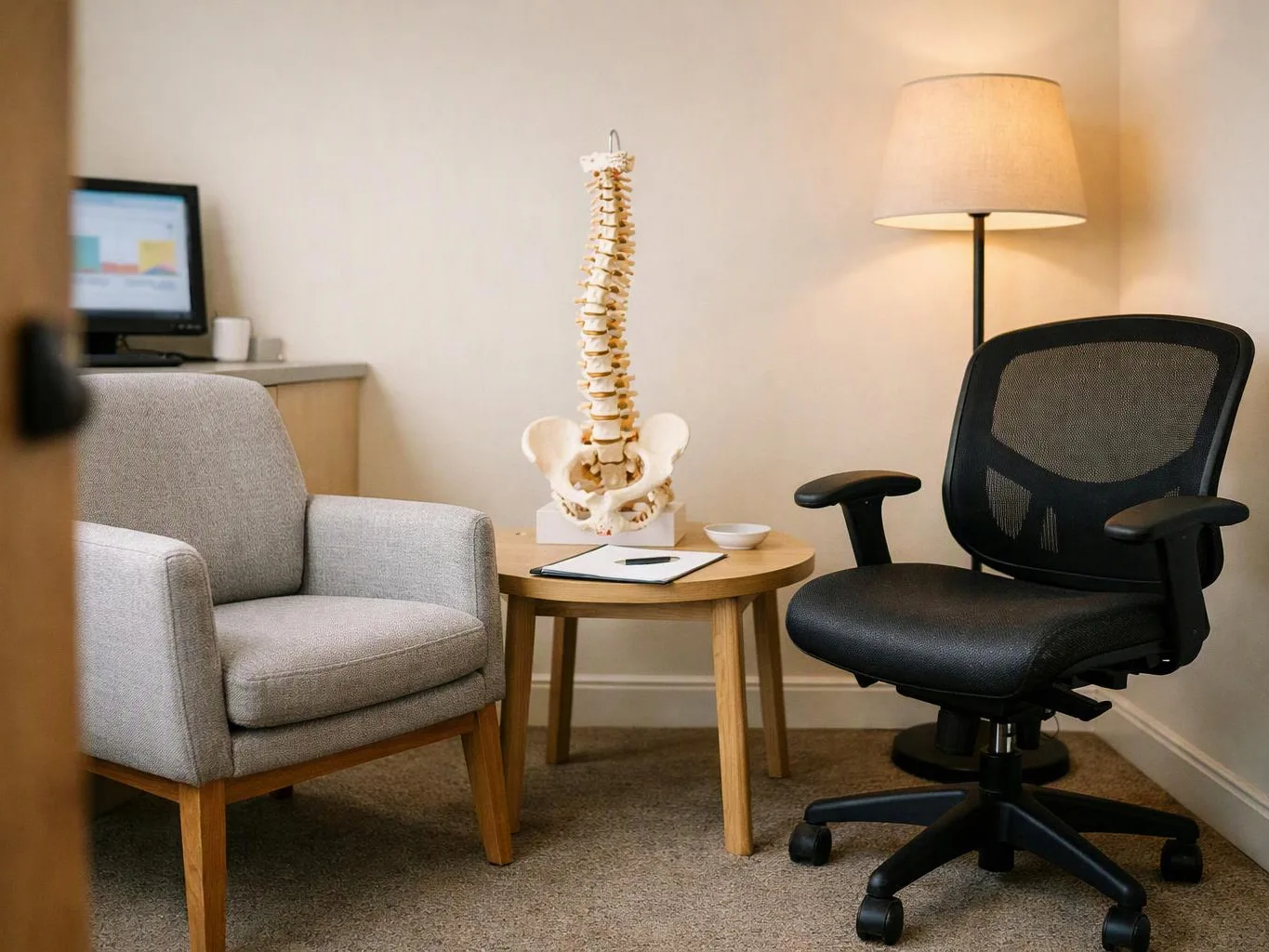 A small office with chairs, a lamp, a table, and a spine model beside a computer desk