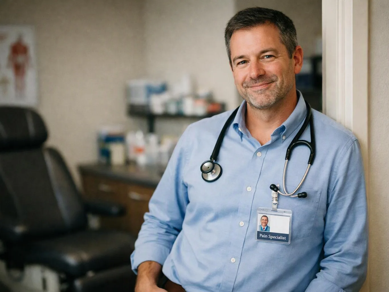 A smiling doctor in a blue shirt stands in an exam room with a stethoscope and badge visible