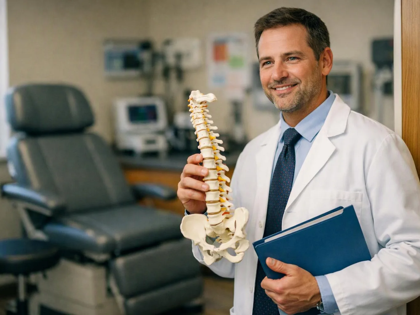 A smiling doctor in a clinic holds a spine model and a blue folder beside an exam chair