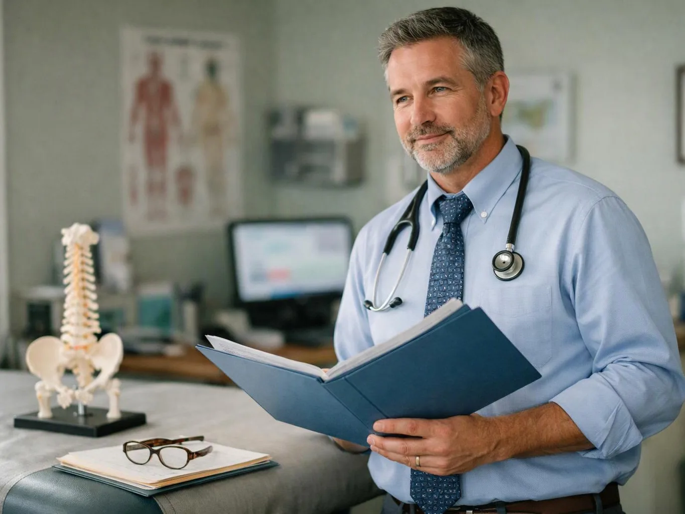 A smiling doctor holds a blue folder in a medical office beside a spine model and eyeglasses