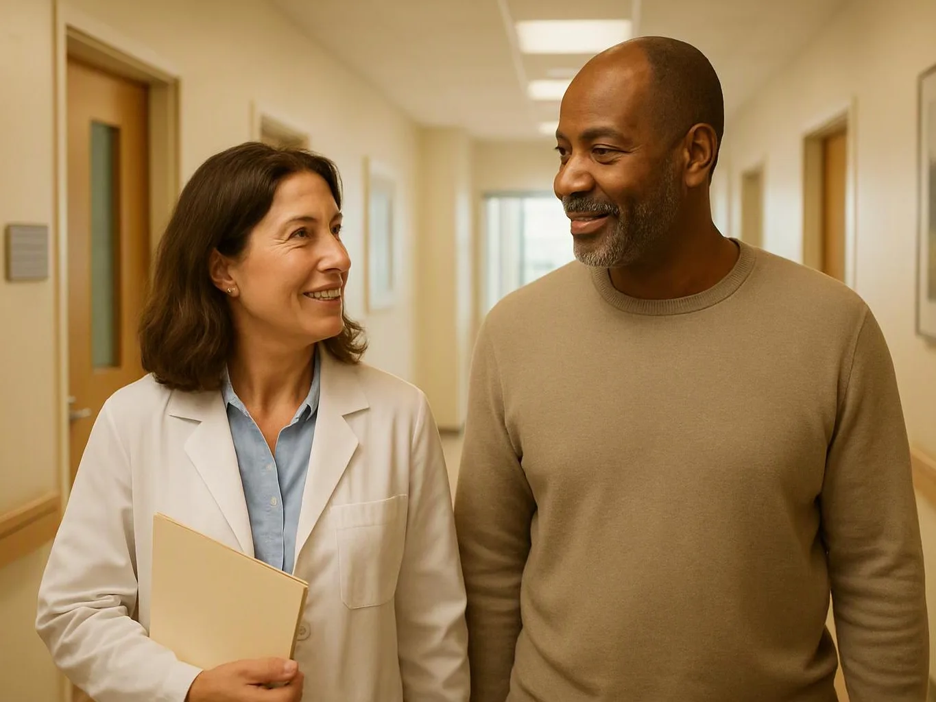A smiling doctor holds a folder while walking beside a man in a hospital hallway