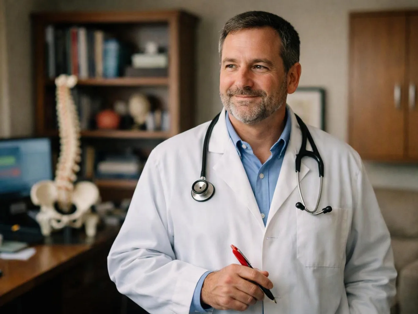 A smiling doctor in a white coat holds a red pen in a clinic office