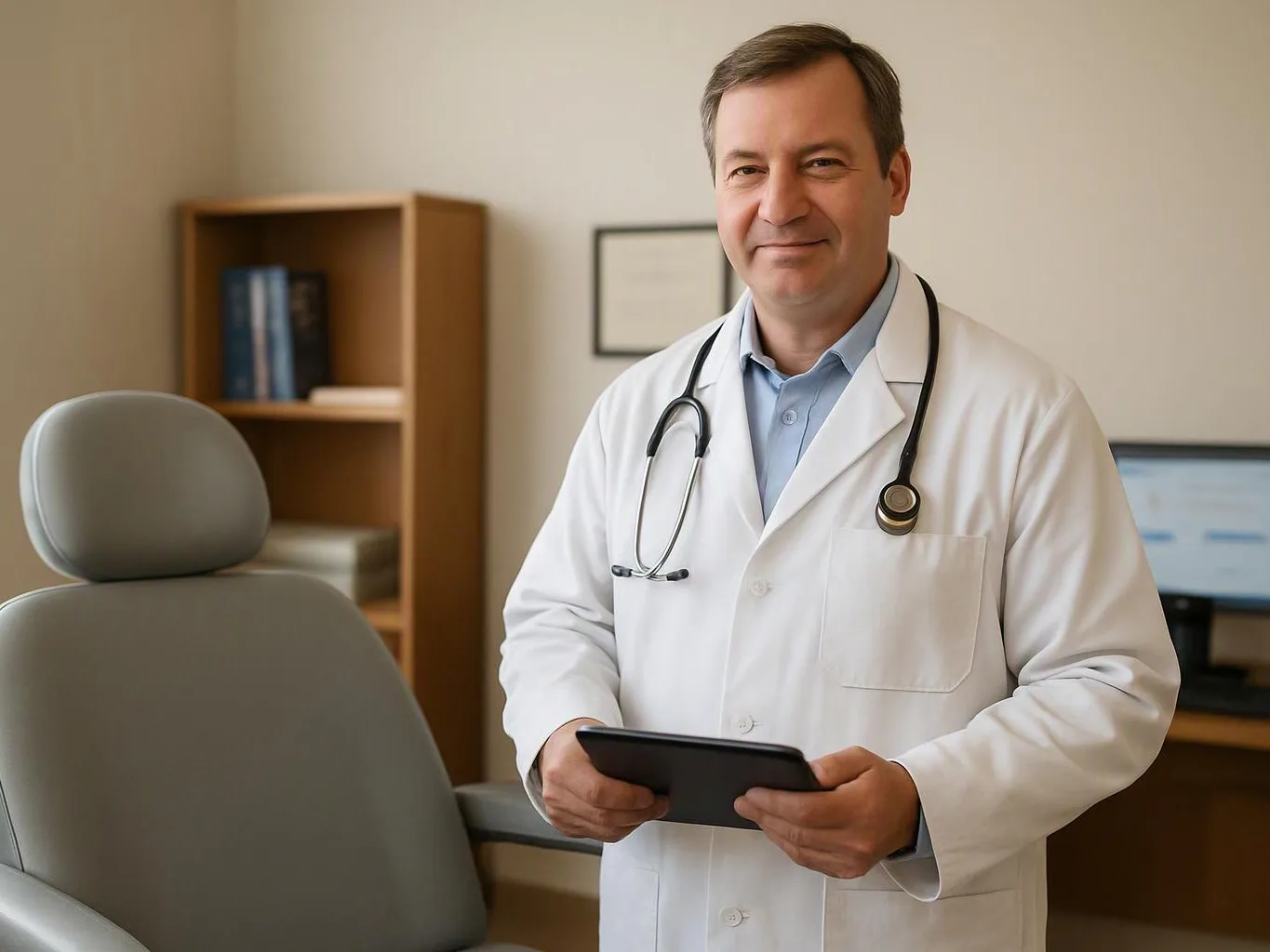 A smiling doctor in a white coat holds a tablet beside an exam chair in a clinic room