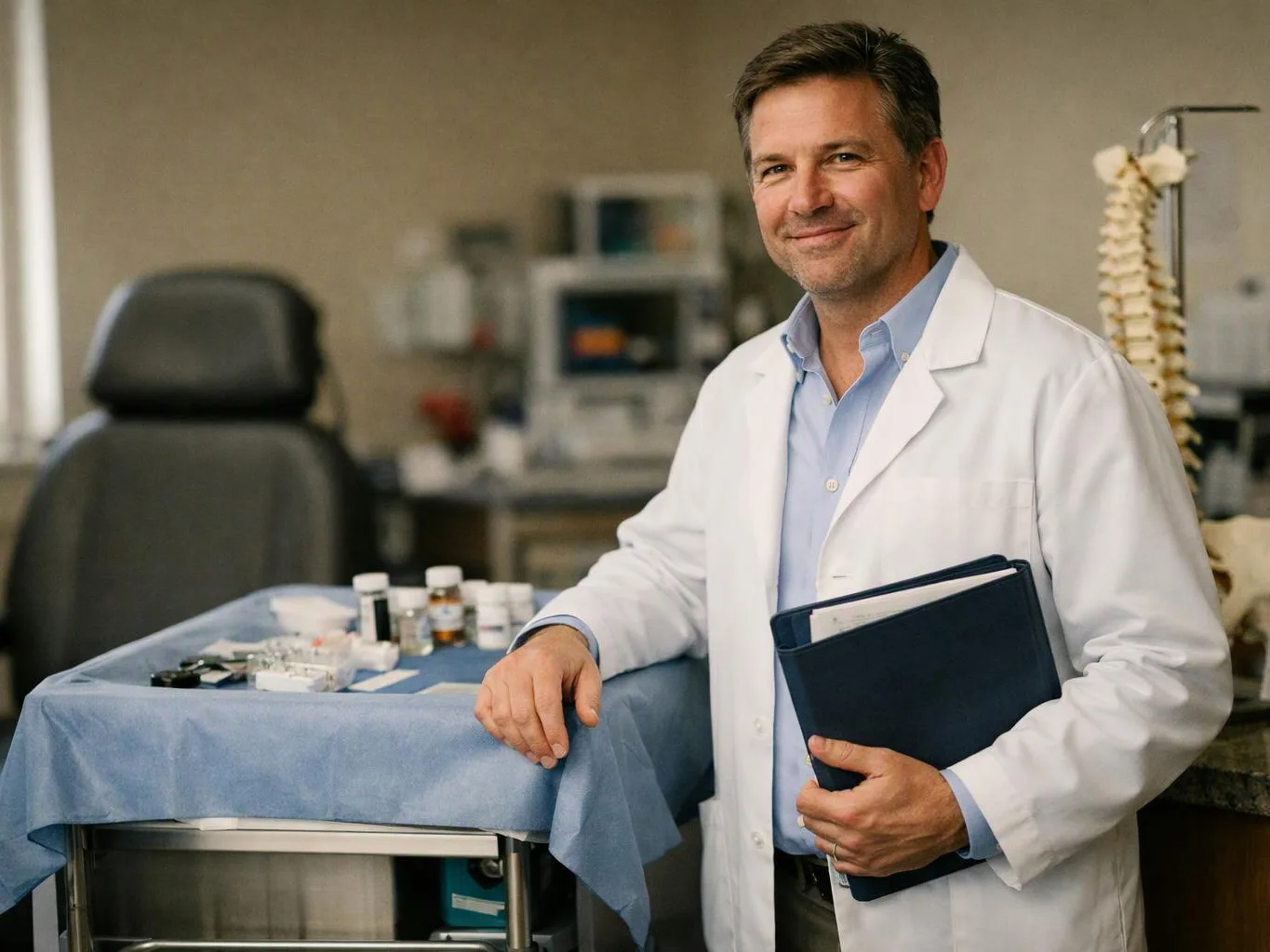 A smiling doctor in a white coat stands beside a covered exam table holding a blue folder in a clinic room