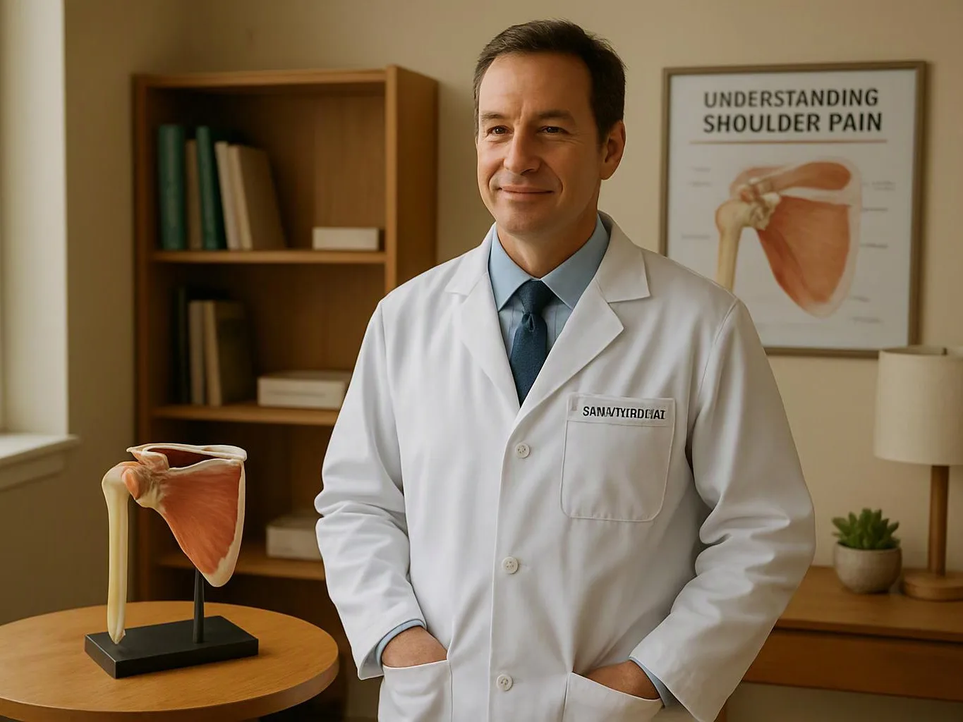 A smiling doctor in a white coat stands beside a shoulder model in a tidy exam room