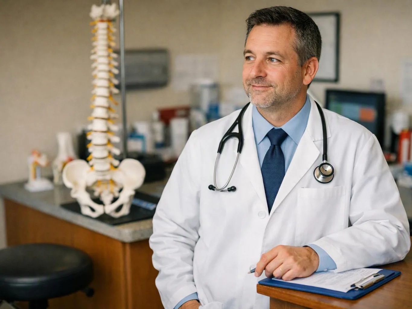 A smiling doctor in a white coat stands beside a spine model in a clinic exam room