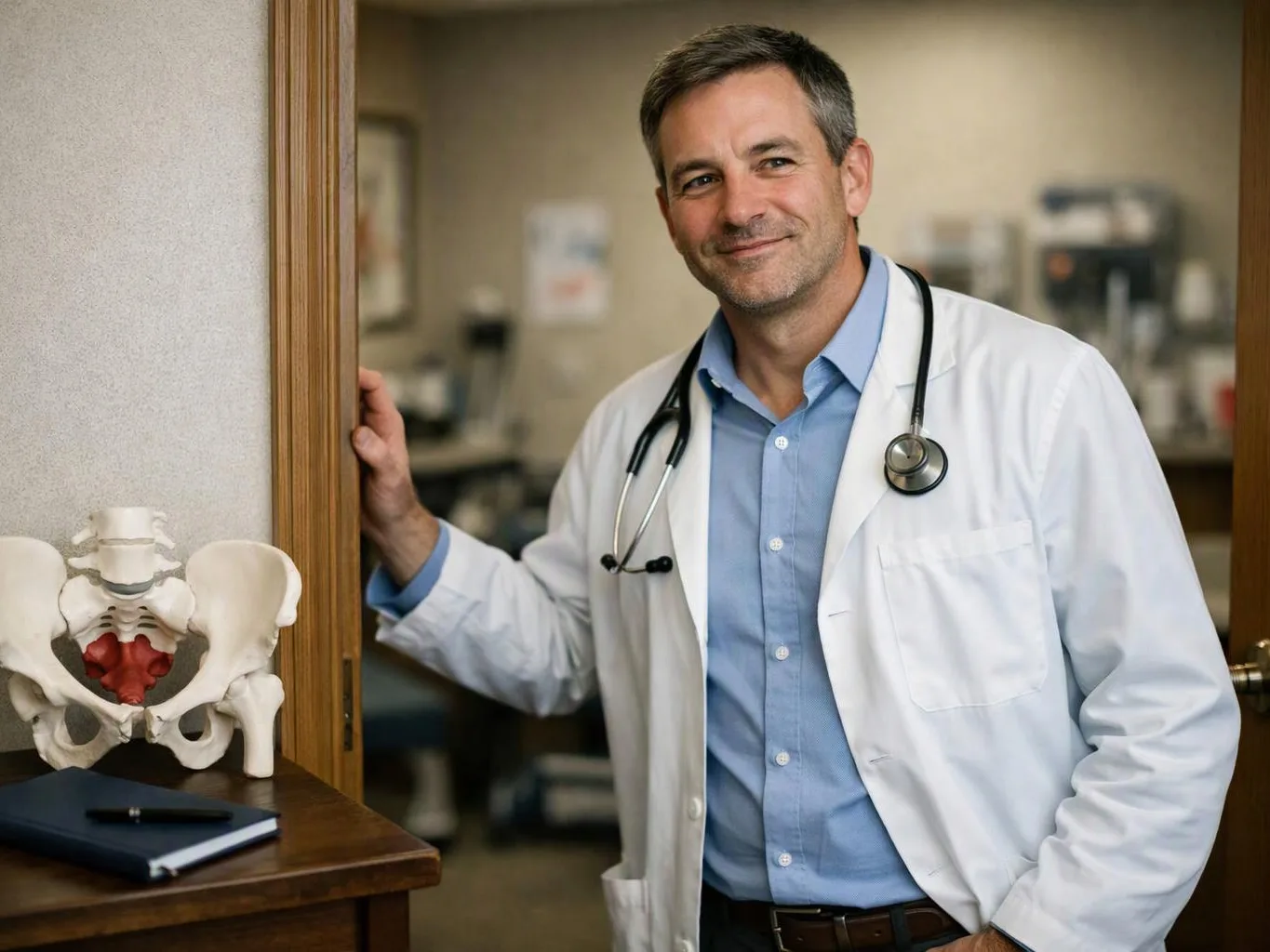 A smiling doctor in a white coat stands in a clinic doorway beside a pelvis model and notebook
