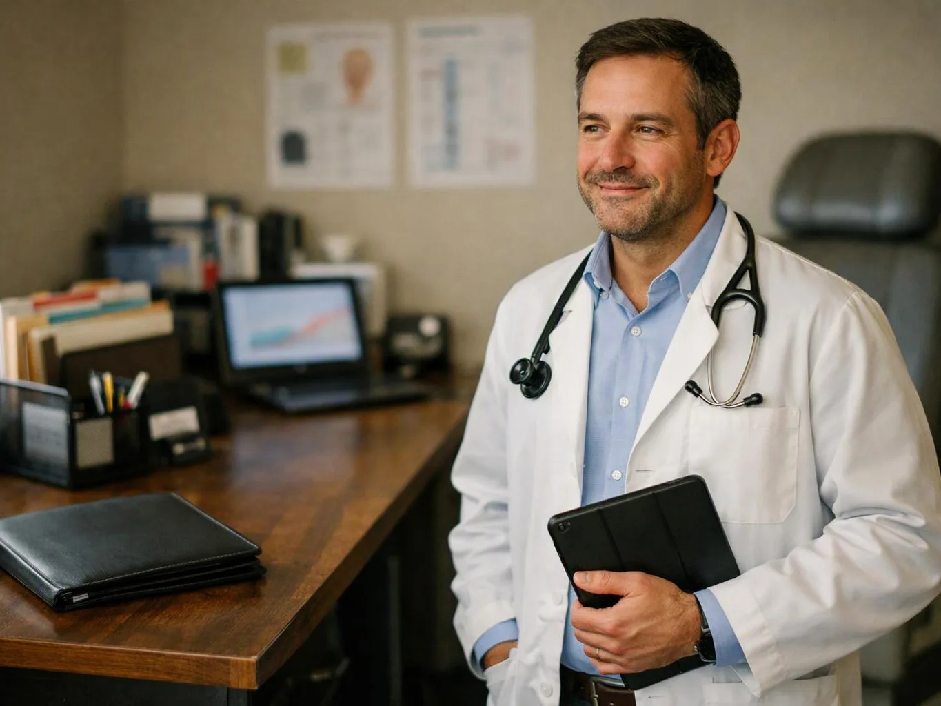A smiling doctor in a white coat stands in an office holding a tablet with a desk behind him