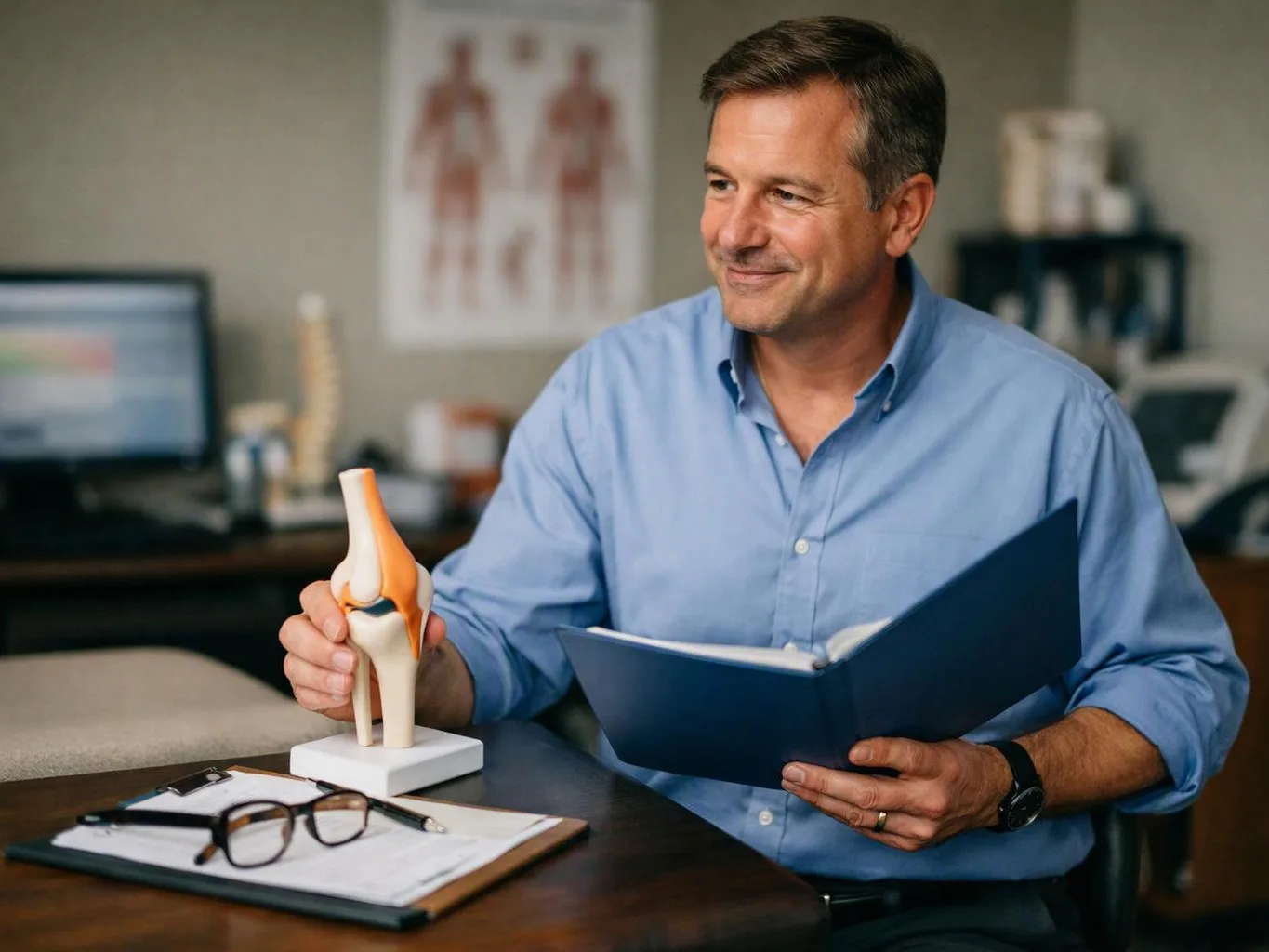 A smiling man in a blue shirt holds a knee model and a folder in a medical office