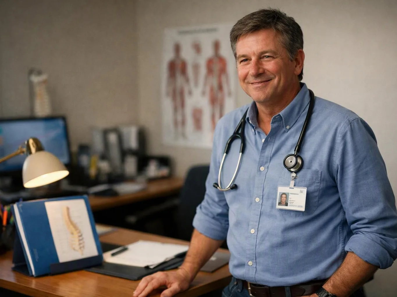 Smiling man in a blue shirt with a stethoscope stands beside a desk in a medical office