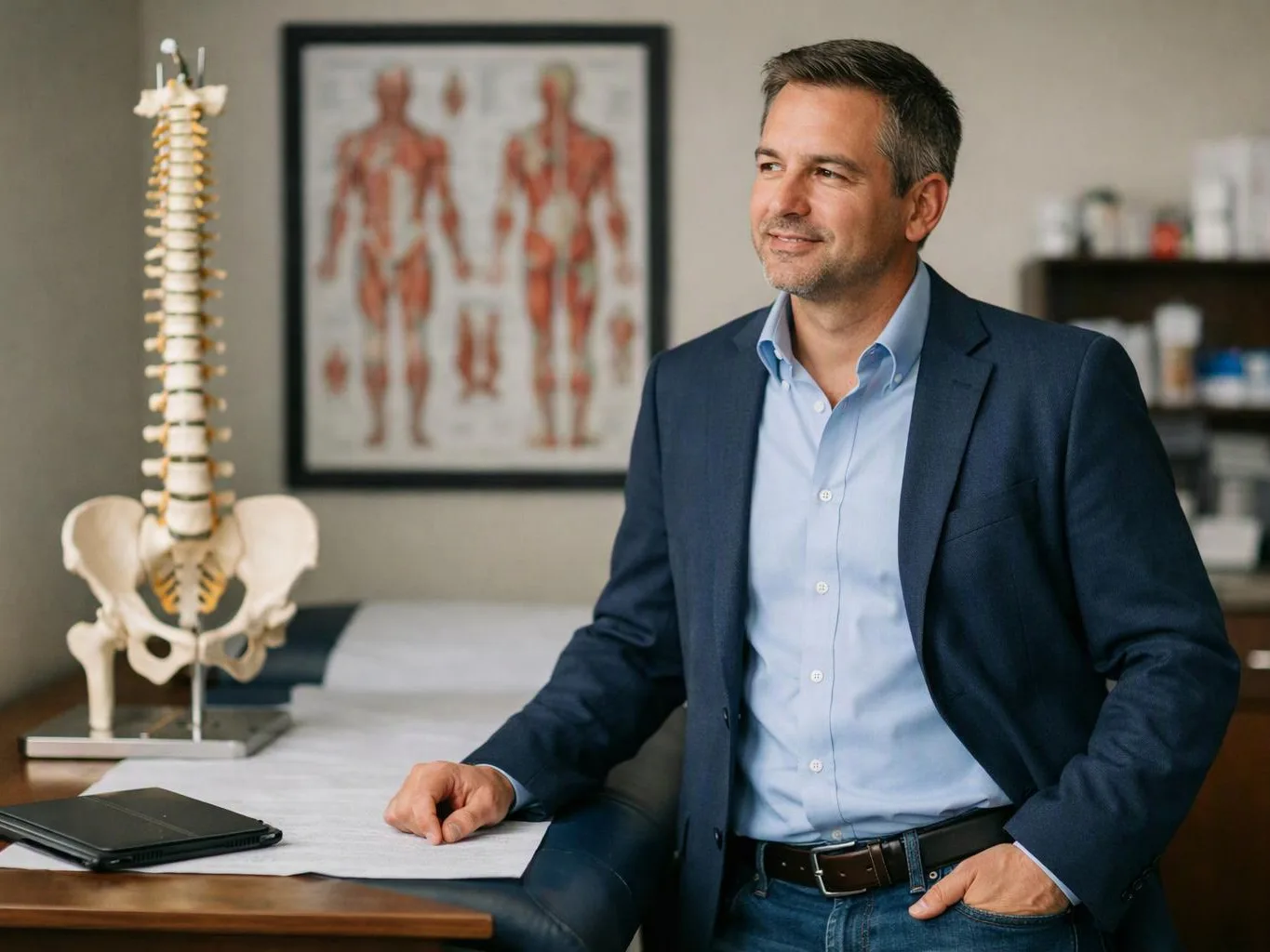 A smiling man in a blue suit sits in a medical exam room beside a spine model