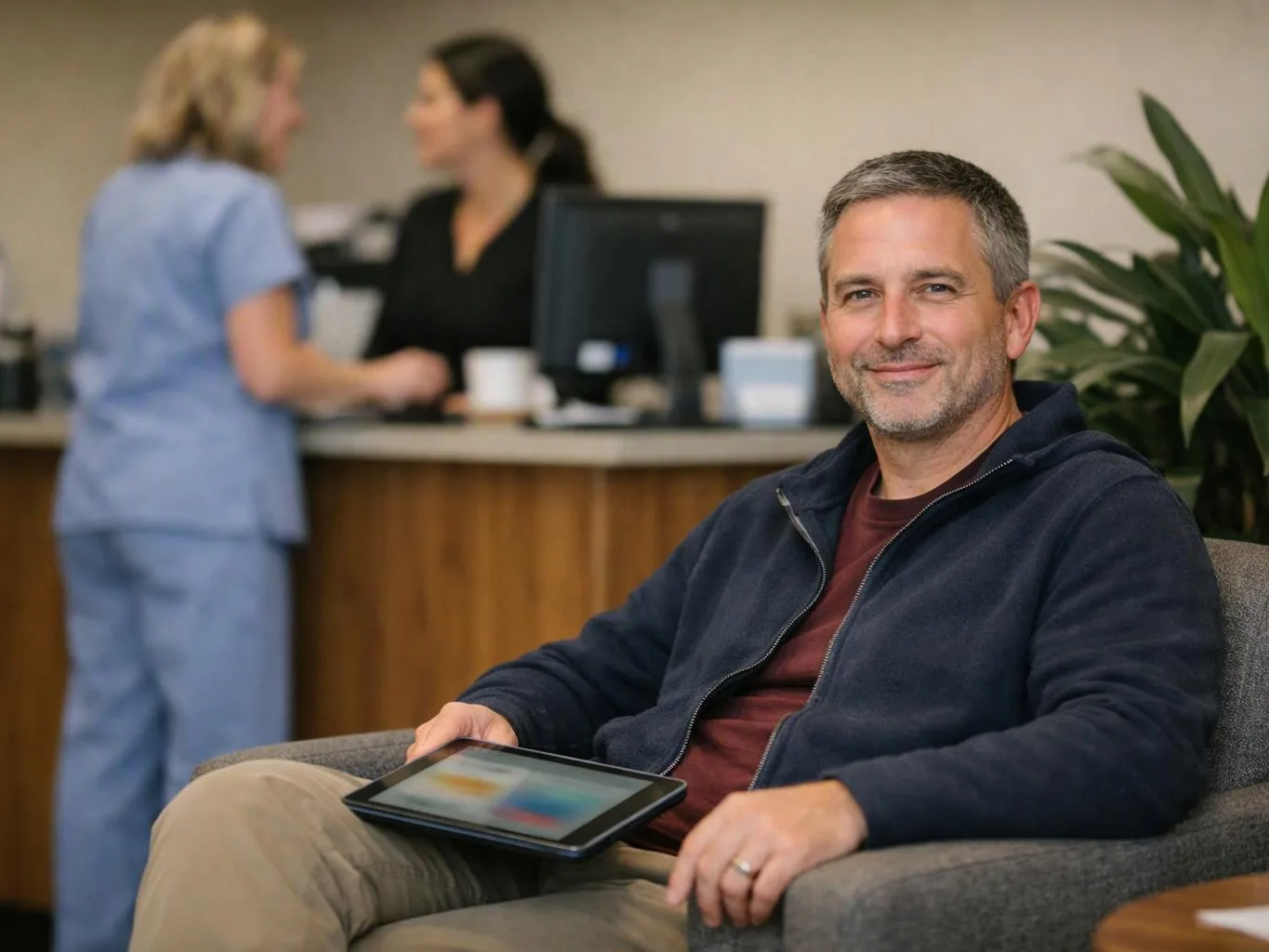 A smiling man sits in a chair holding a tablet, with two blurred people standing at a reception desk behind him