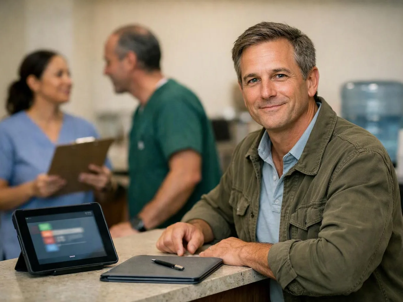 A smiling man sits at a counter with a tablet and notebook, while two blurred people talk behind him