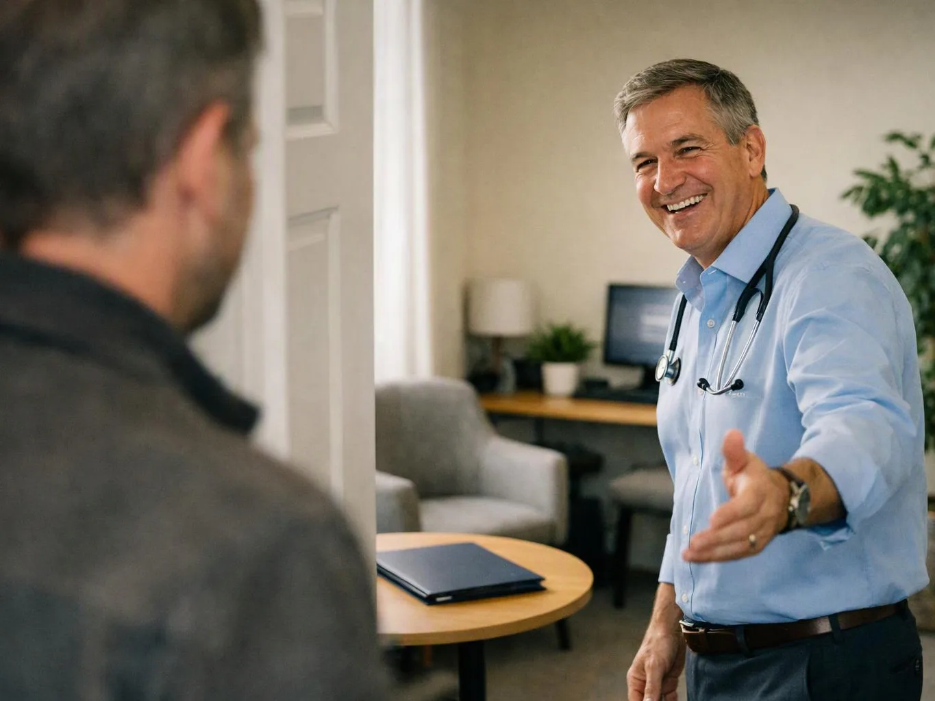A smiling man with a stethoscope extends his hand to greet another man in an office room
