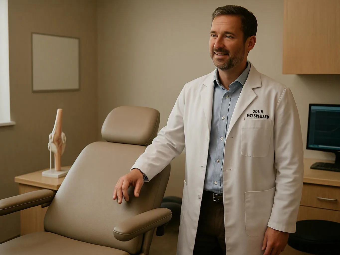 A smiling man in a white lab coat stands beside an exam chair in a clinic room