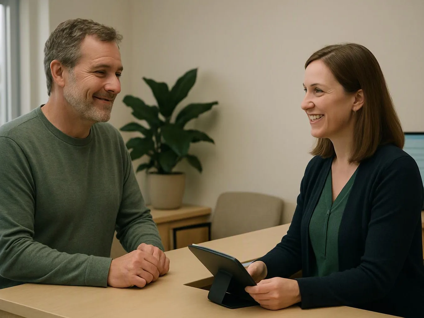 A smiling man and woman sit across a desk, talking in a bright office with a potted plant behind them