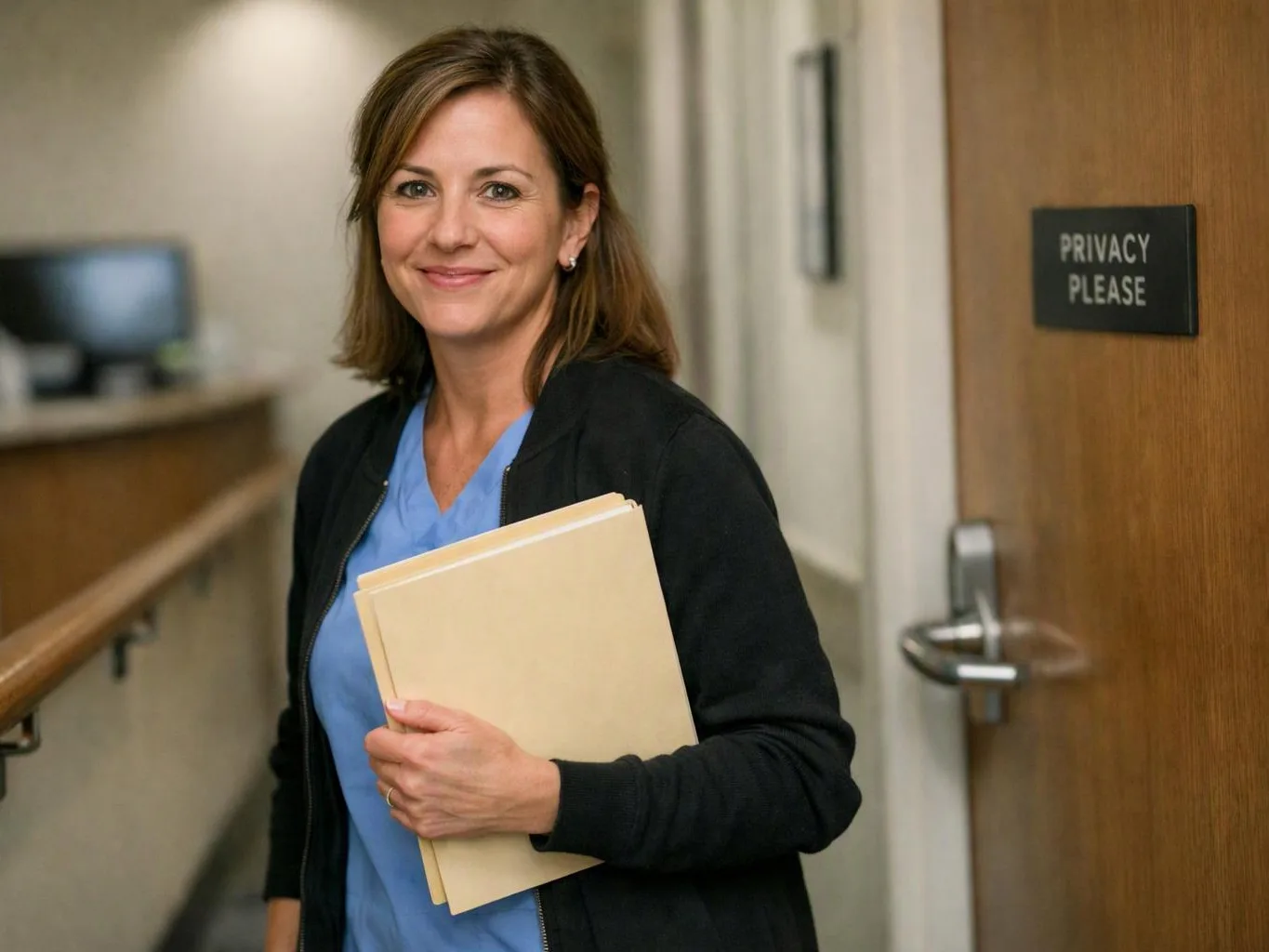 A smiling woman in blue scrubs holds folders in a hallway beside a door marked privacy please
