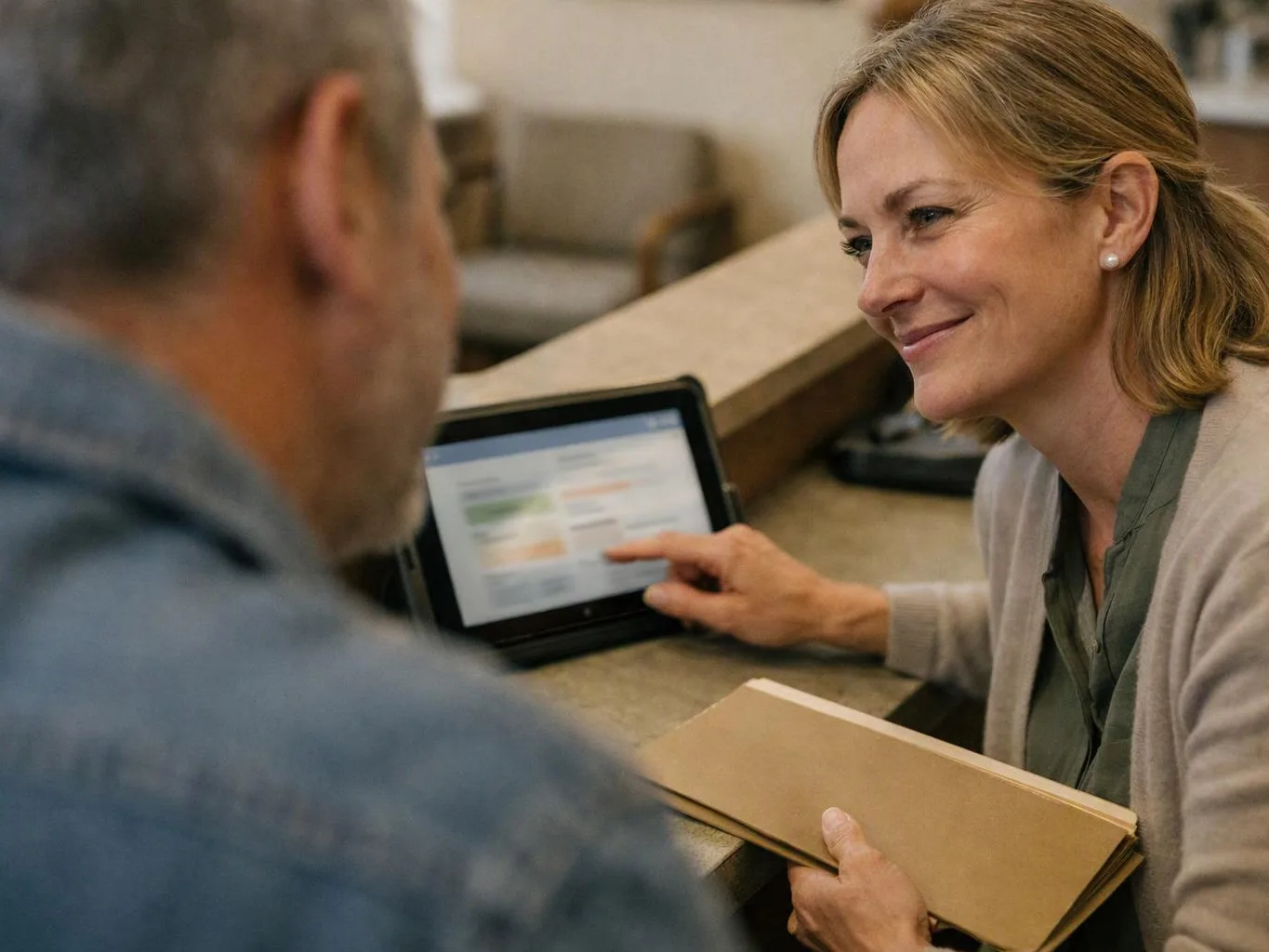 A smiling woman points at a tablet while talking to a man across a counter in a lobby