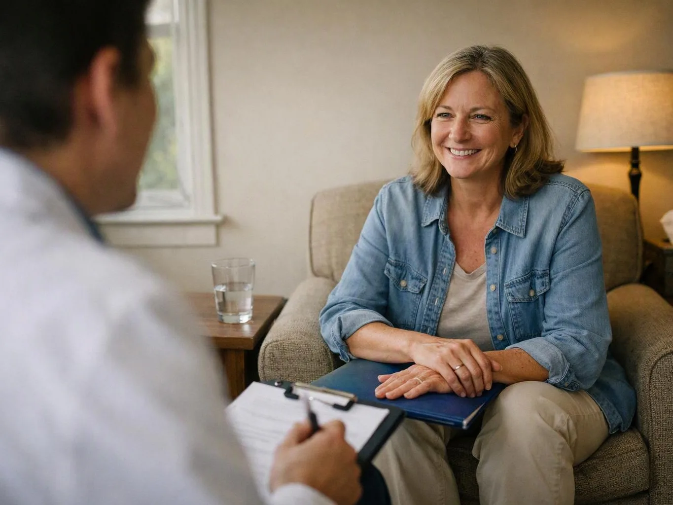A smiling woman sits in a chair during a counseling session, facing a person with a clipboard in a cozy room