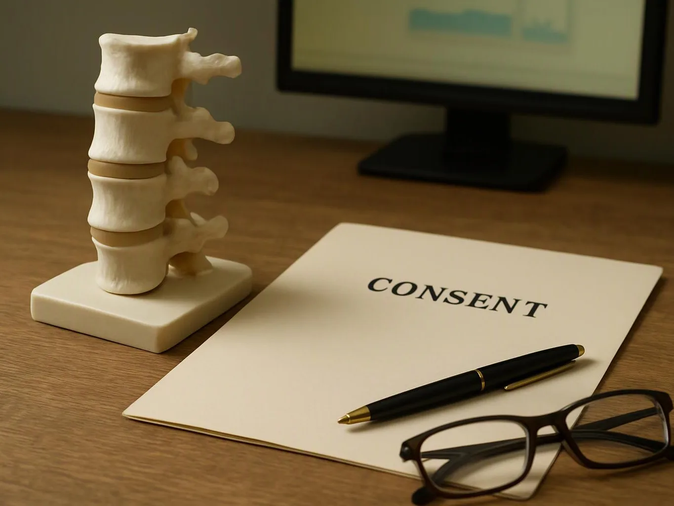 A spinal model sits beside a paper labeled consent, with a pen and glasses on a desk