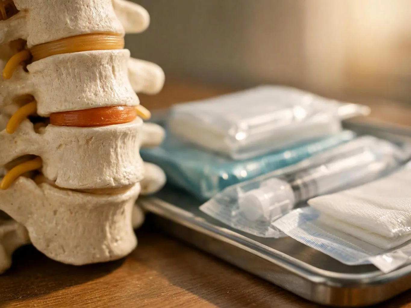 A spinal vertebra model sits beside a metal tray holding medical supplies on a wooden table