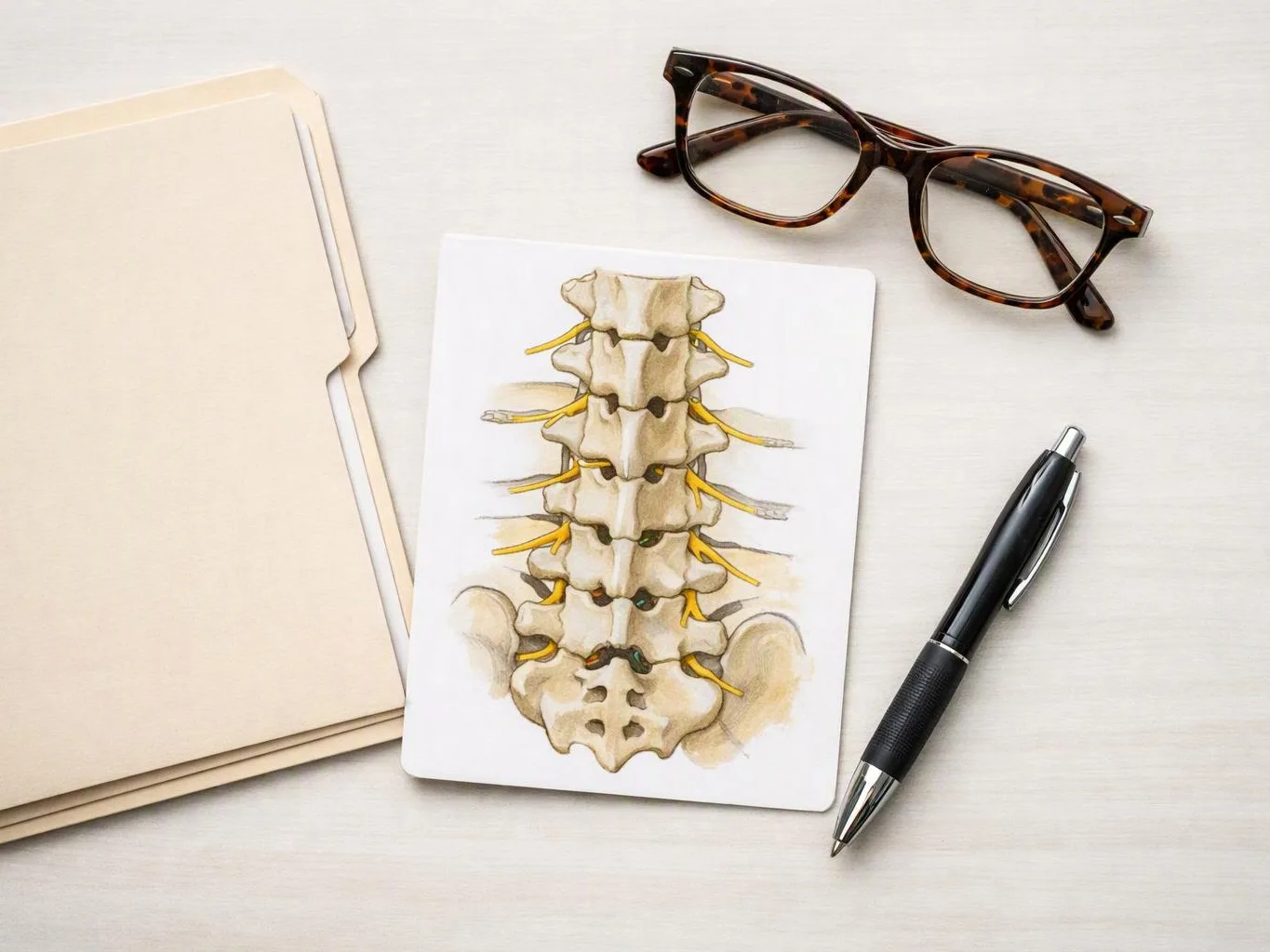 A spine illustration sits between folders, eyeglasses, and a pen on a light desk