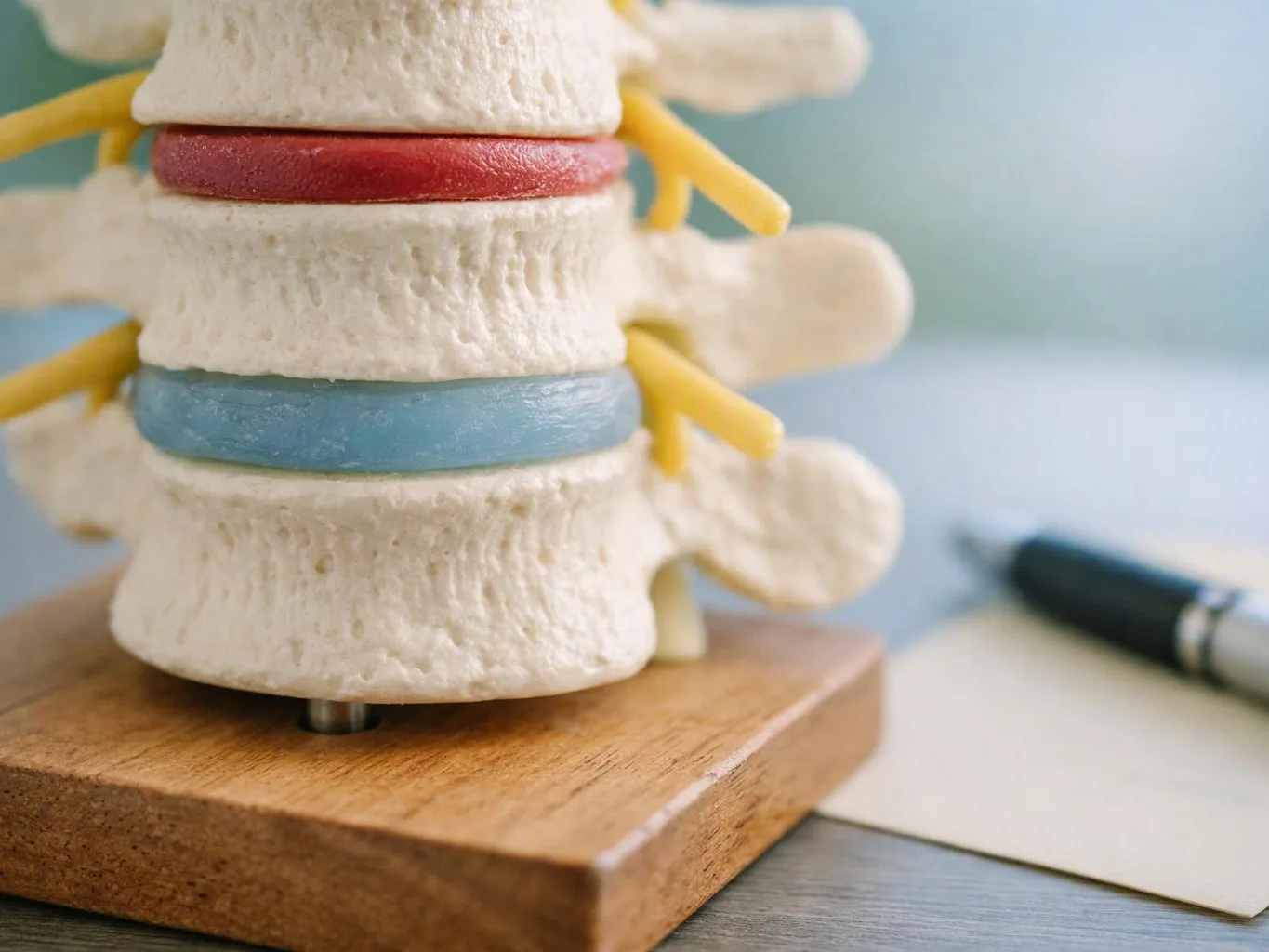 A spine model with colored discs sits on a wooden base beside a blurred pen and paper