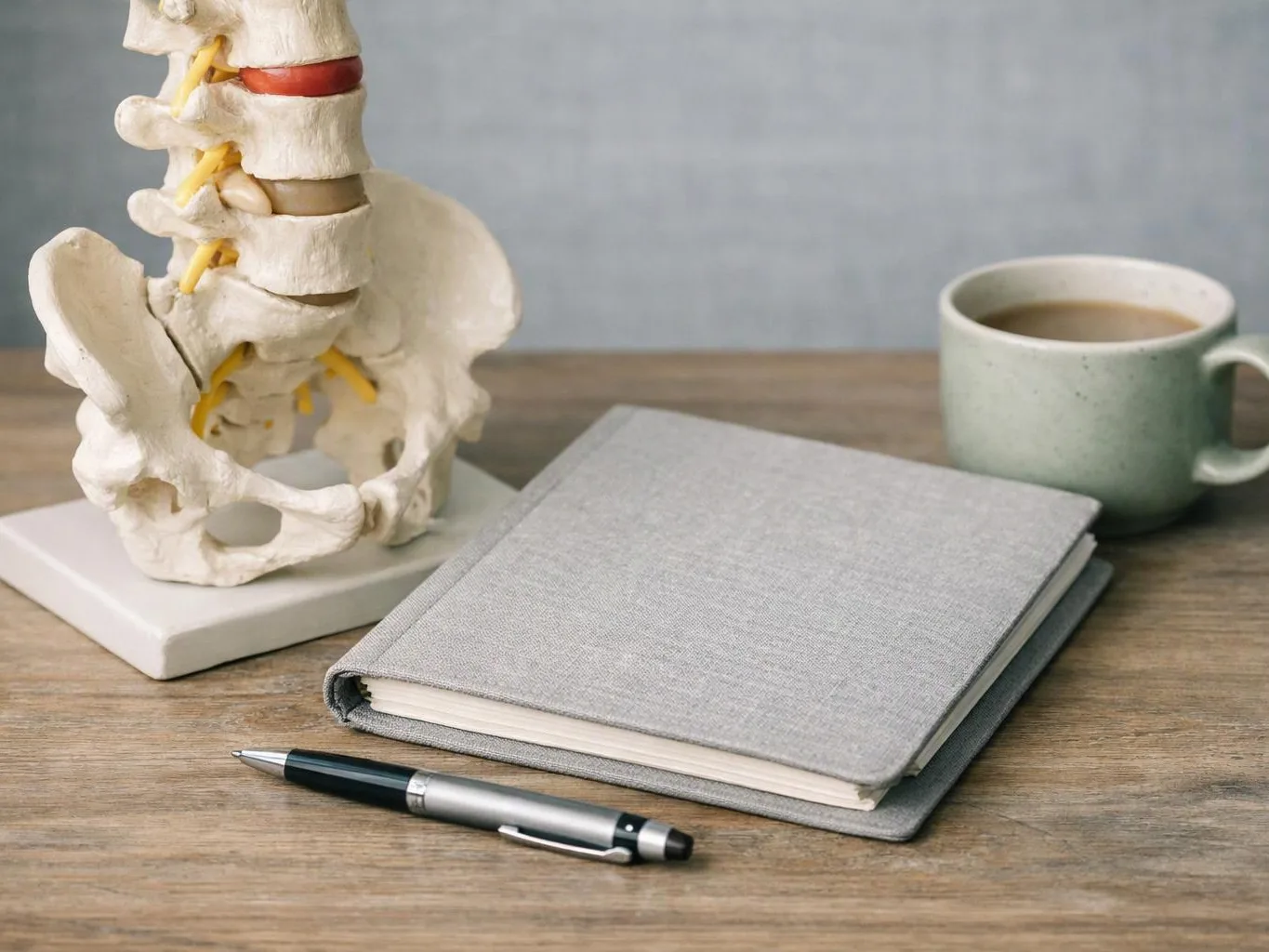 A spine model, gray notebook, pen, and coffee cup sit on a wooden desk
