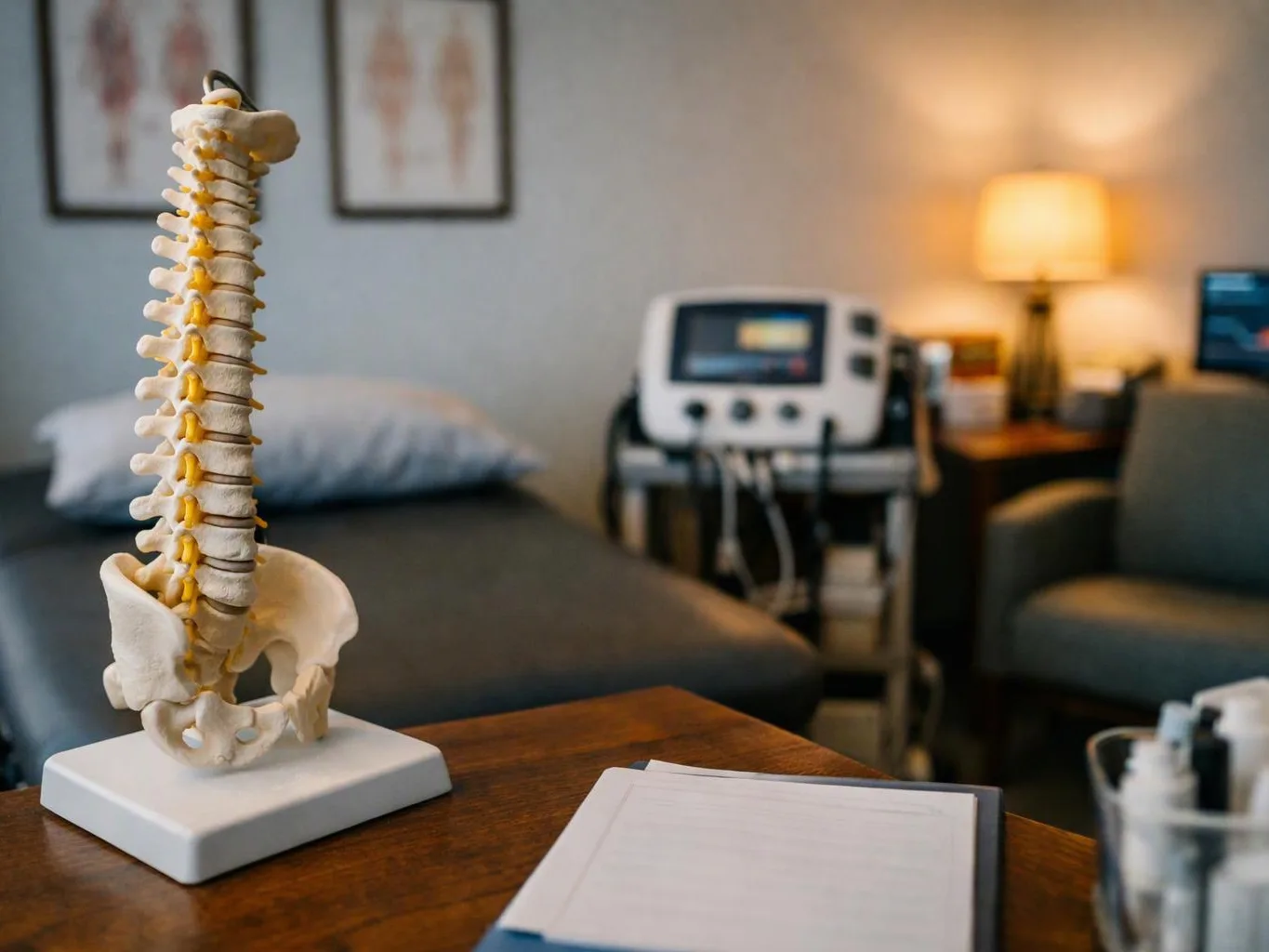 A spine model sits on a table in a medical exam room with a bed, lamp, and equipment behind it