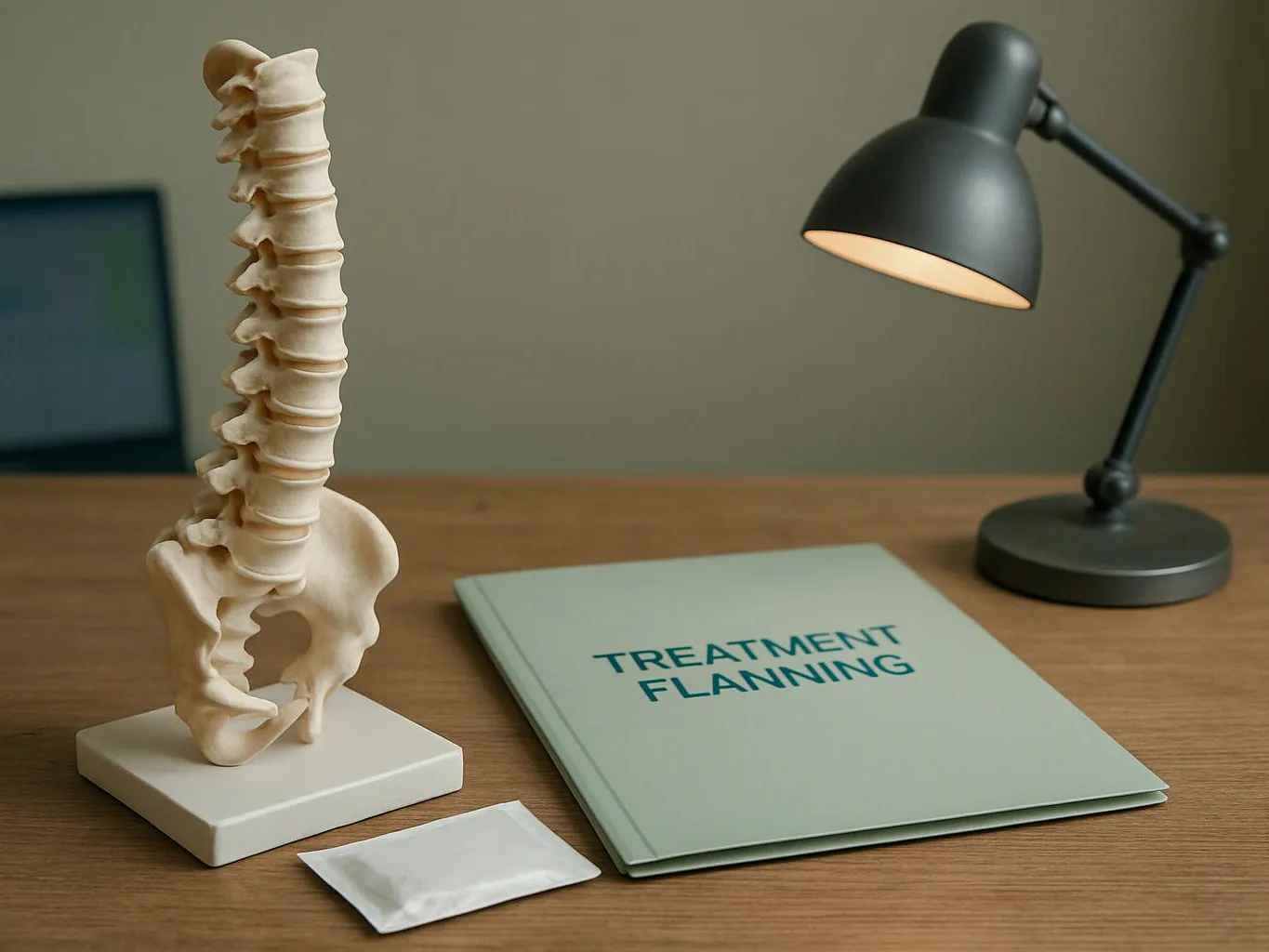 A spine model stands beside a lamp and a booklet labeled "TREATMENT FLANNING" on a wooden desk