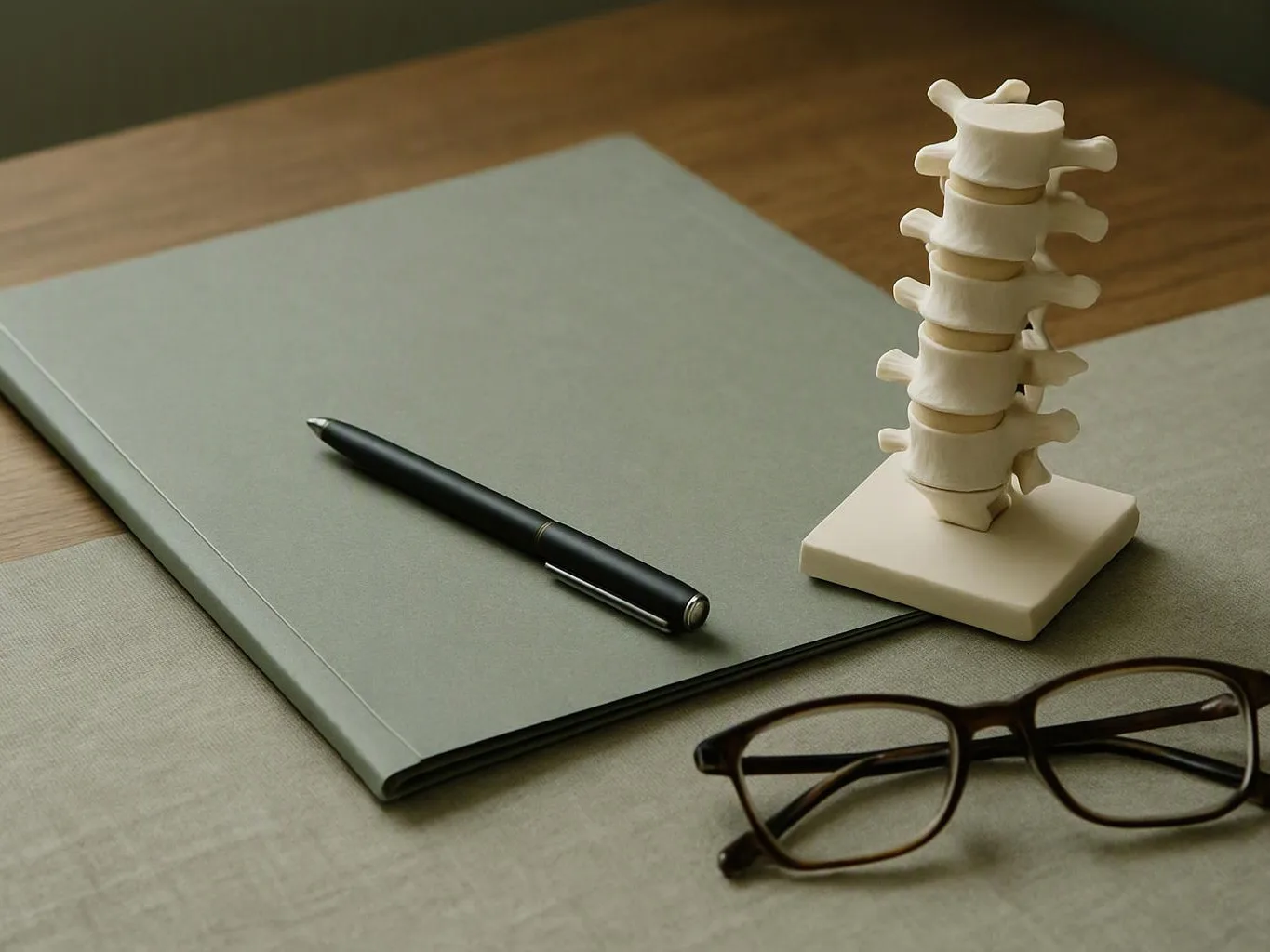 A spine model stands beside a notebook and pen, with eyeglasses resting on a desk