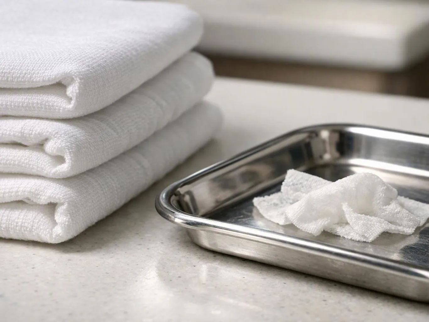 Stacked white towels sit beside a metal tray holding folded white gauze on a counter