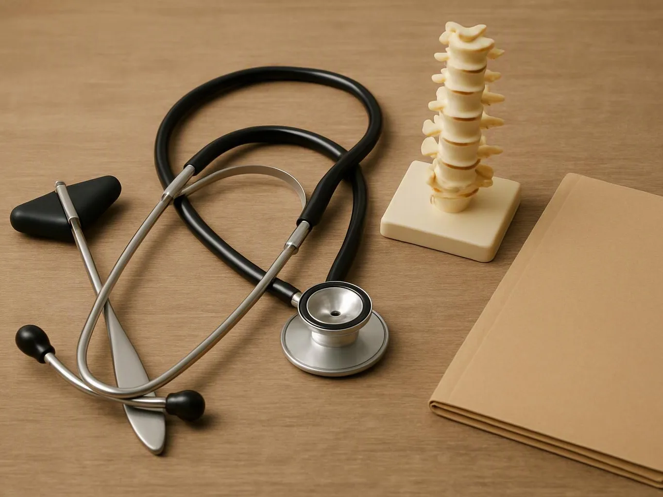 A stethoscope lies beside a spine model, a reflex hammer, and a folder on a wooden table