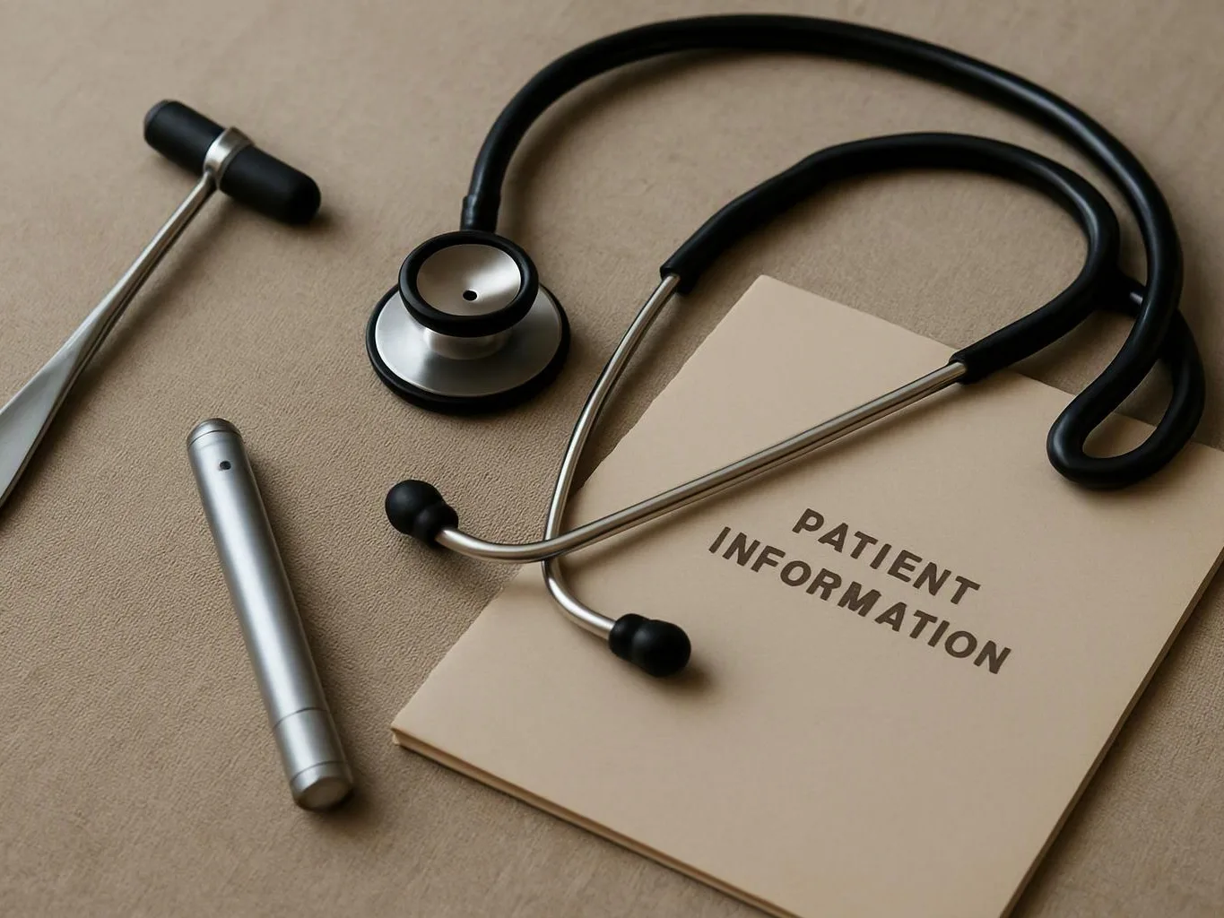 A stethoscope, reflex hammer, and silver pen rest beside a folder labeled “PATIENT INFORMATION”