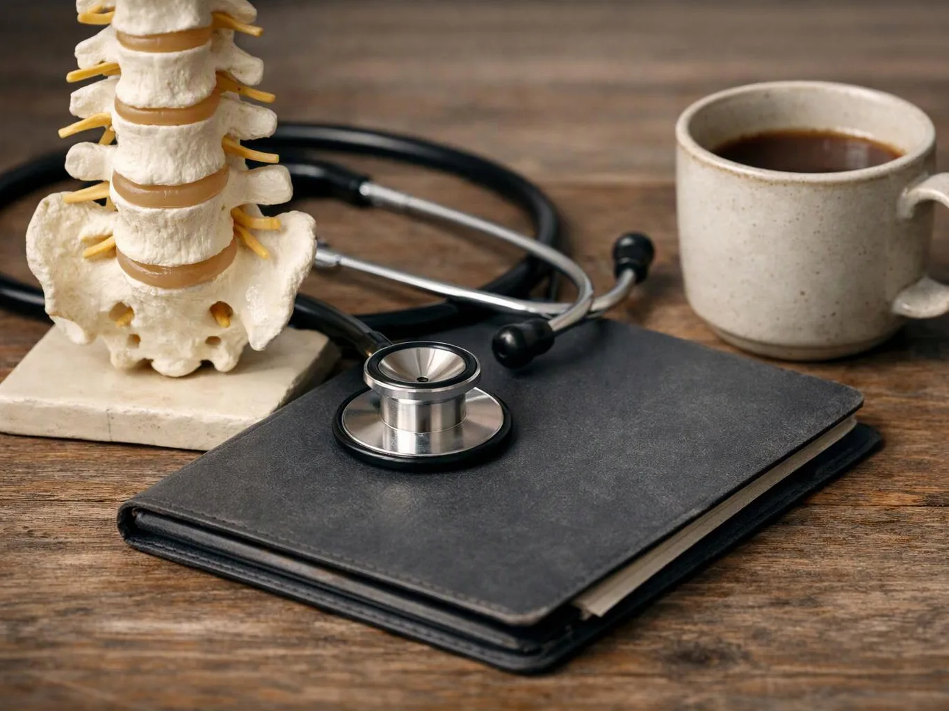 A stethoscope, spine model, notebook, and coffee mug sit on a wooden desk