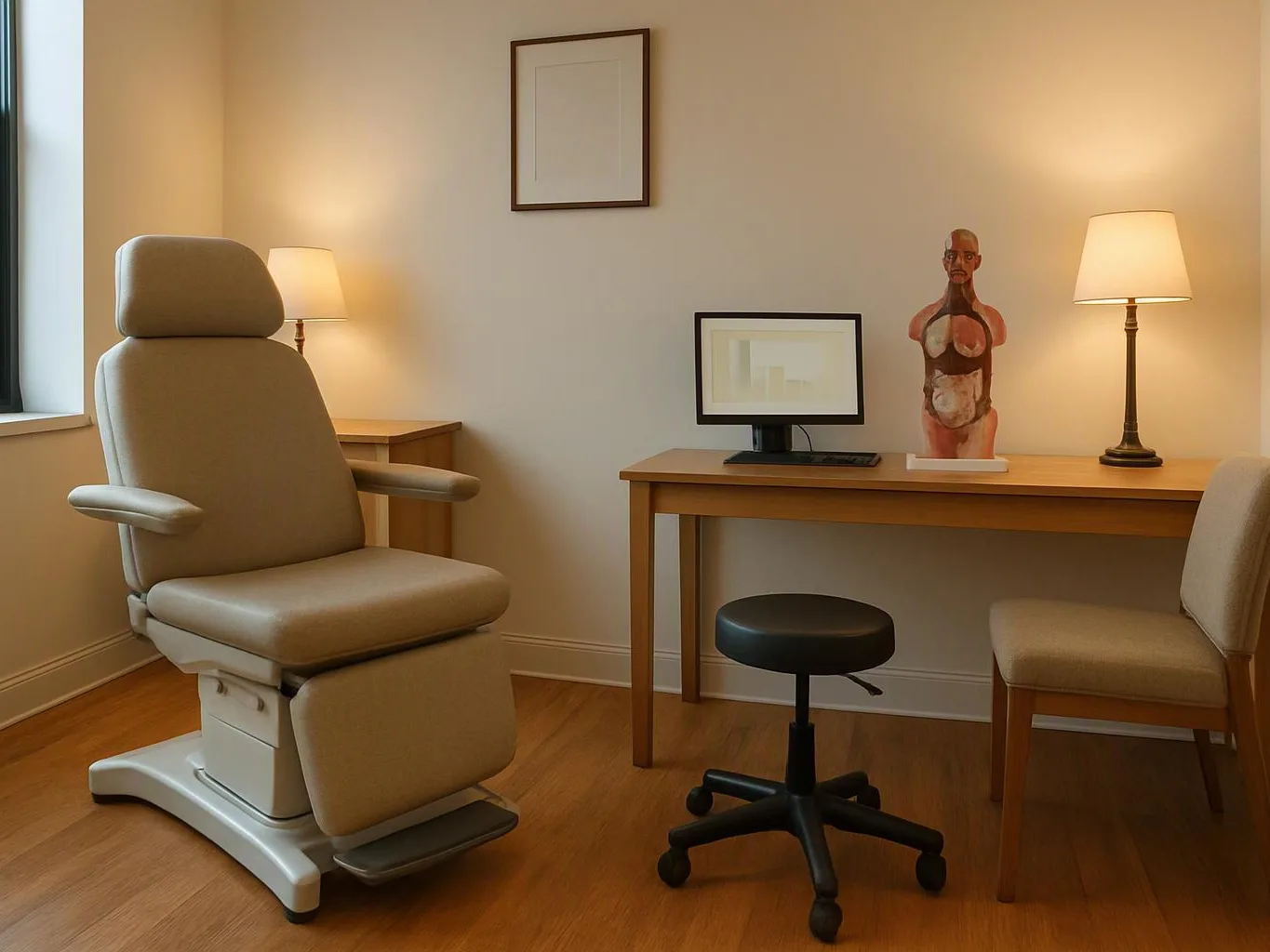 A tidy exam room holds an adjustable chair, desk, lamps, and a small monitor with a body model on it