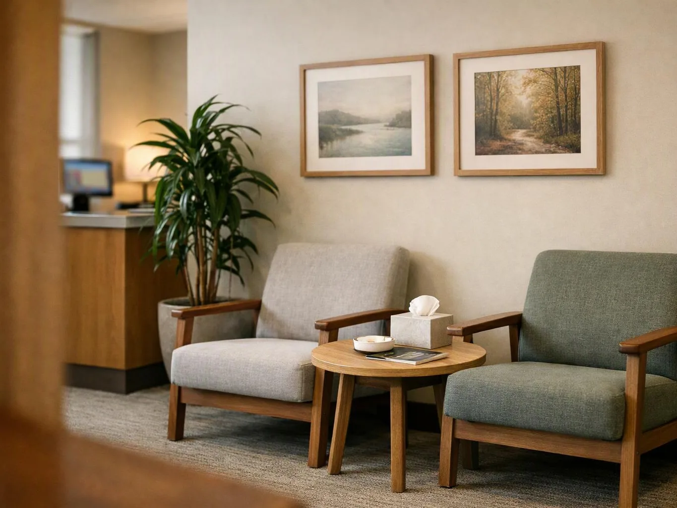 Two armchairs sit beside a small round table in a quiet waiting room with framed landscape art and a potted plant