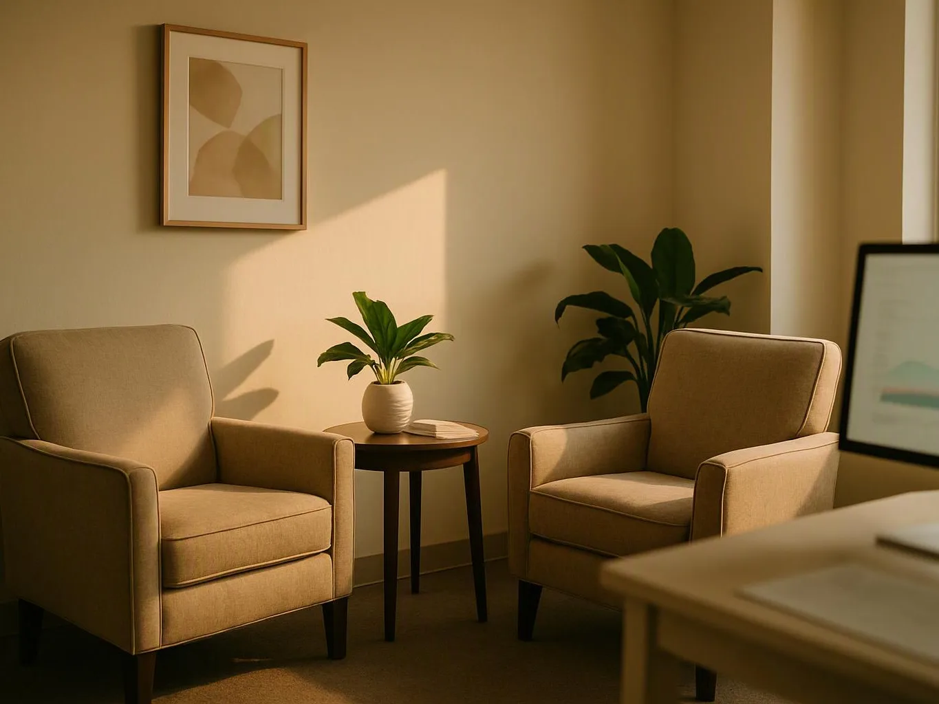 Two beige armchairs sit beside a small round table with a potted plant in a sunlit room