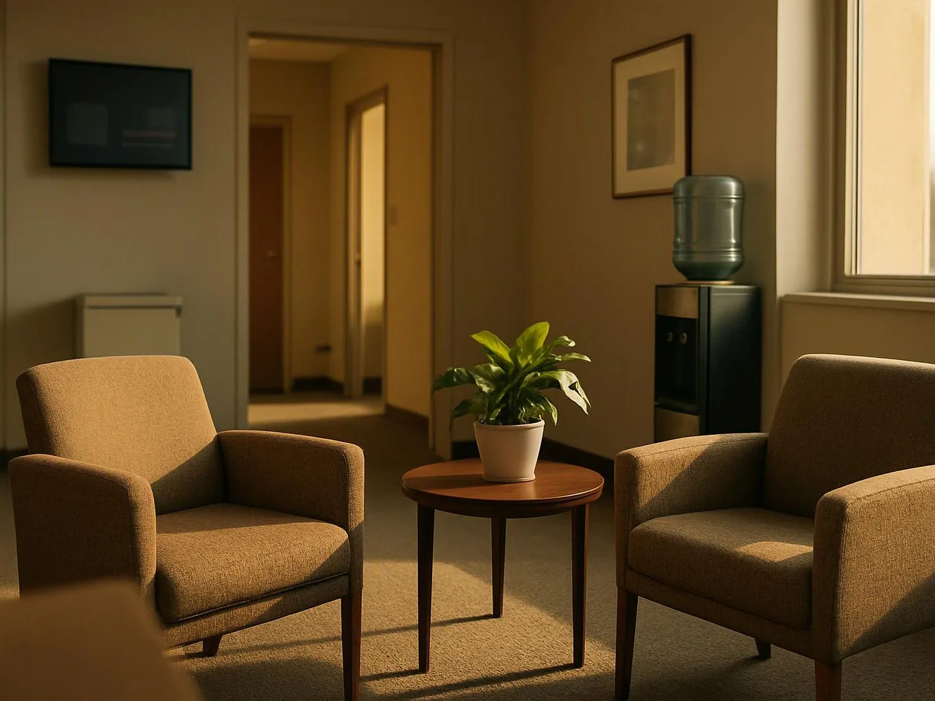 Two brown armchairs face a small round table with a potted plant in a quiet hallway lounge