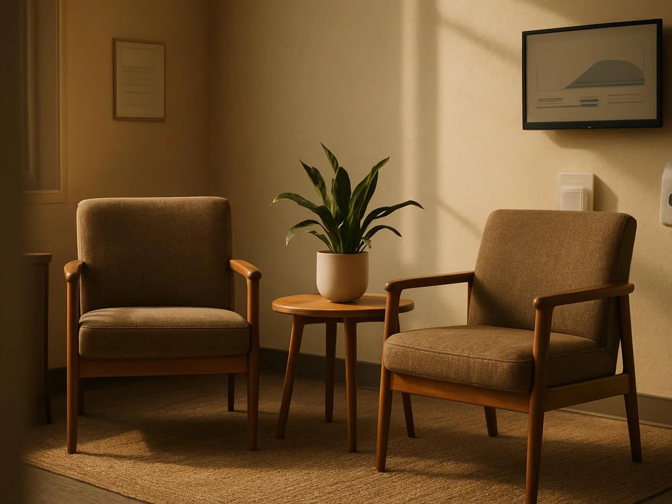Two cushioned armchairs flank a small table with a potted plant in a sunlit room