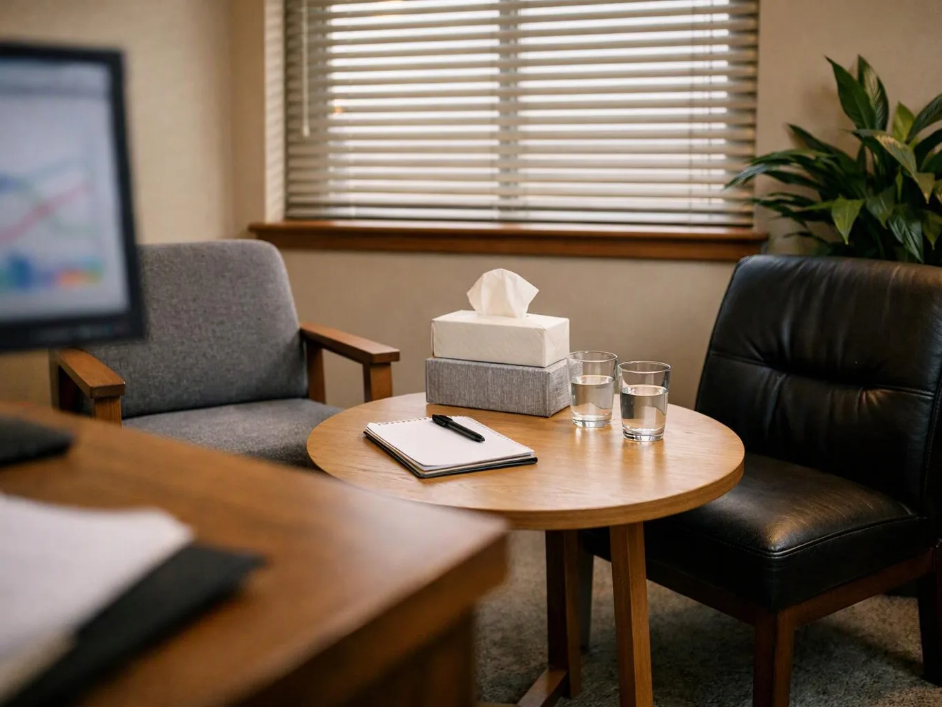 Two empty chairs face a round table with tissues, water glasses, and a notebook in a quiet office setting