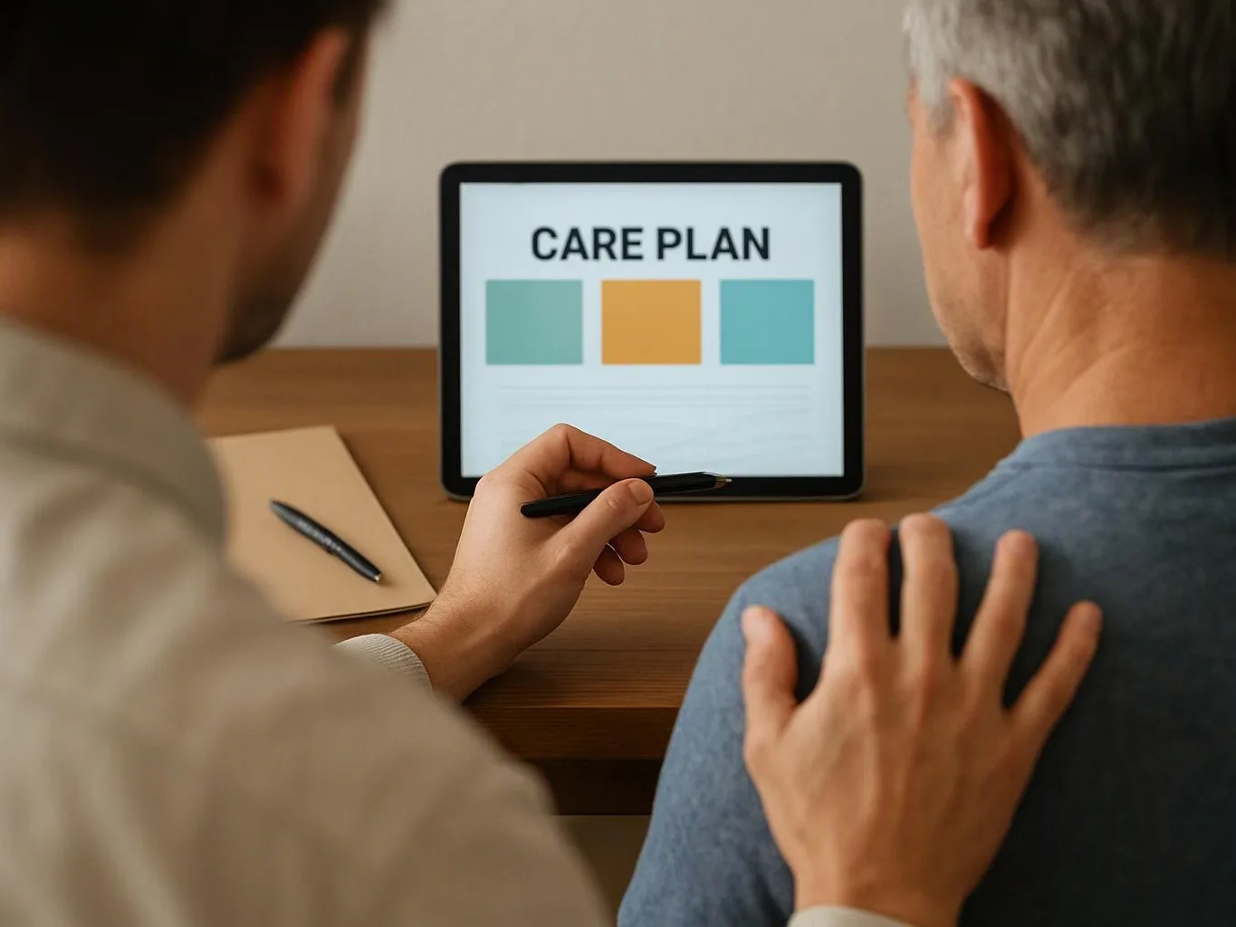 Two people sit at a desk, one points at a tablet showing “CARE PLAN” while the other listens with a hand on his shoulder