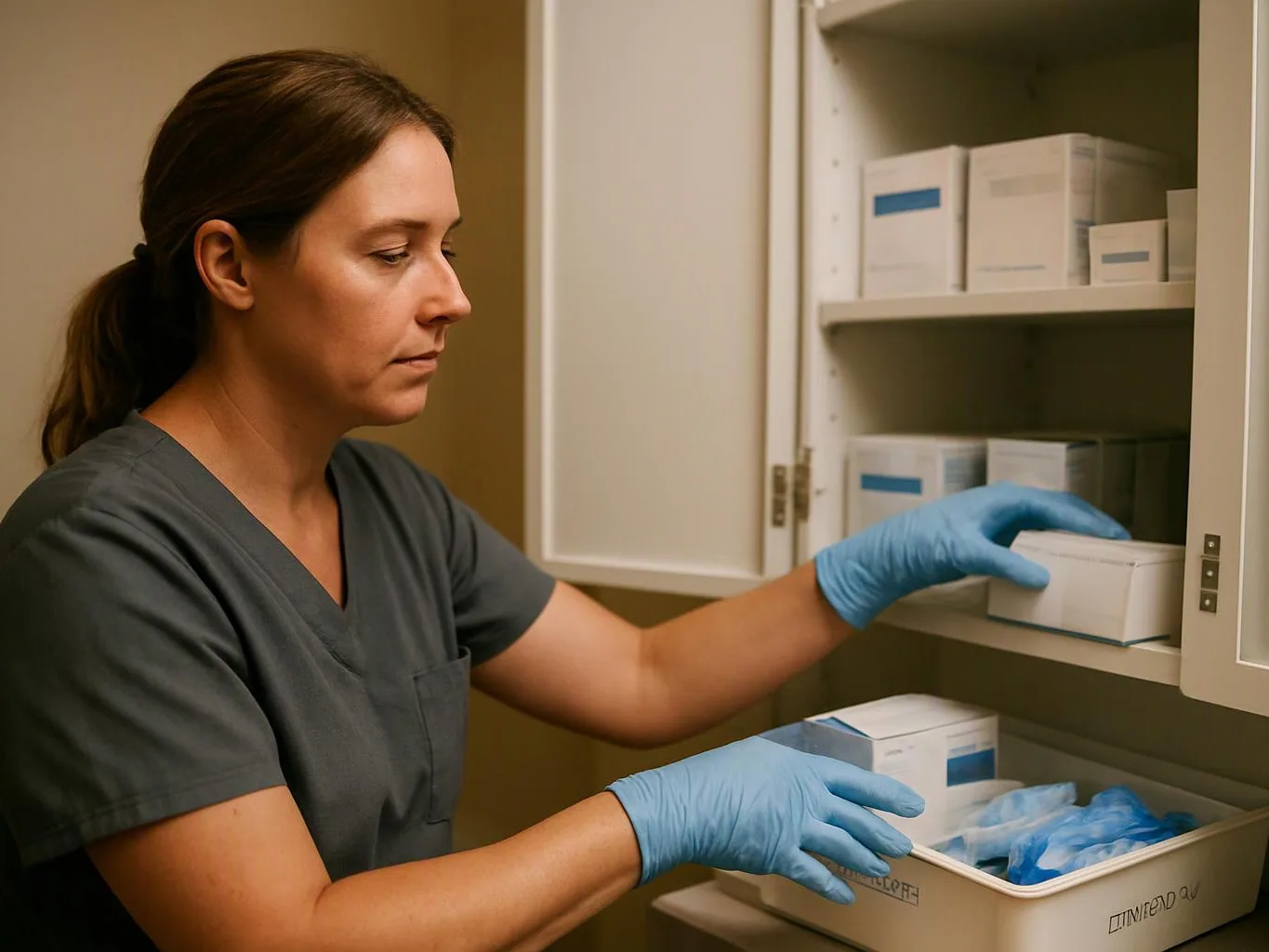 A woman in blue gloves arranges medical supply boxes inside an open cabinet